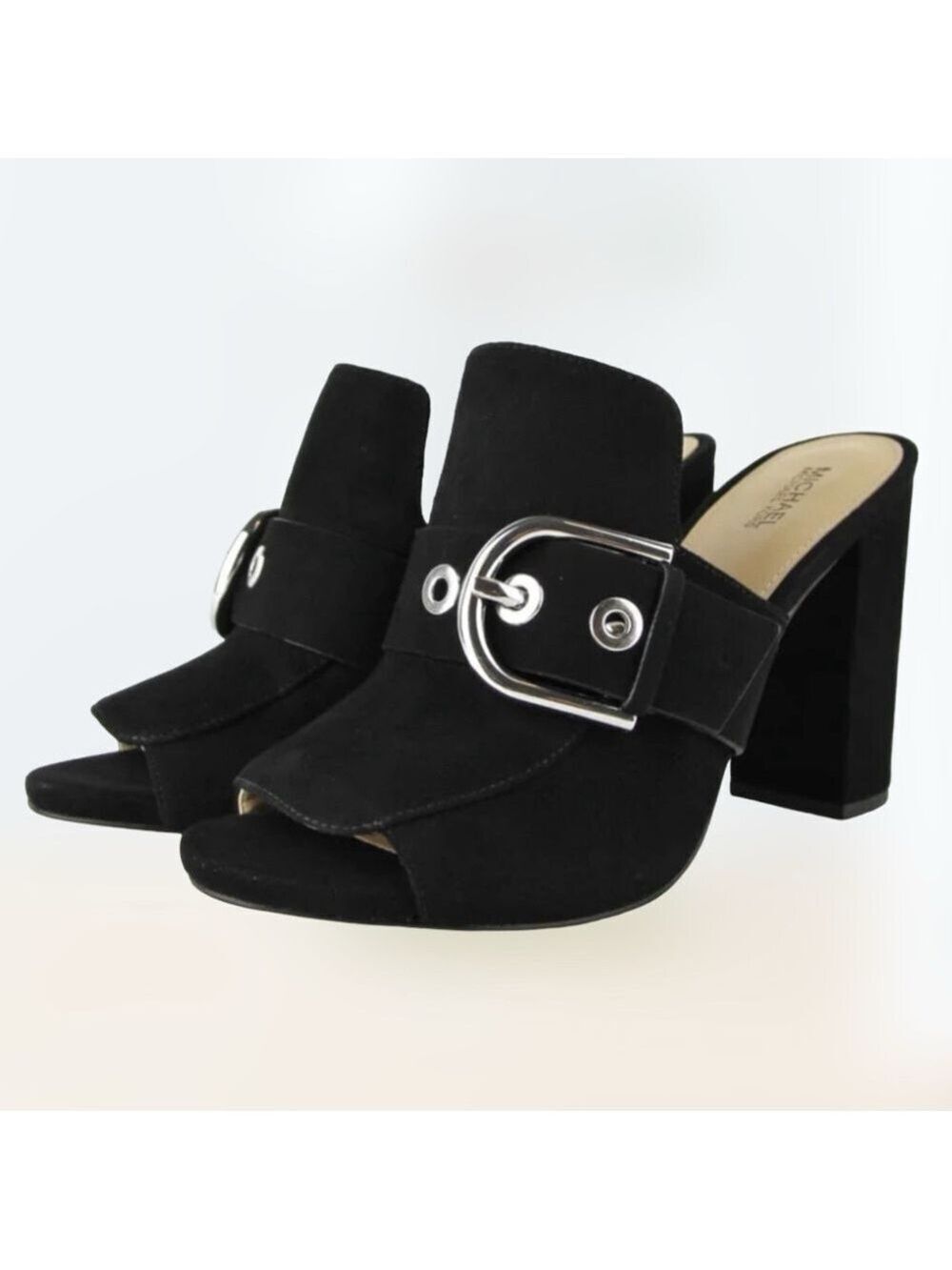 Michael Kors Women Black Cooper Mule Suede Slip-on Open Toe Chunky Heels Sz 8 M